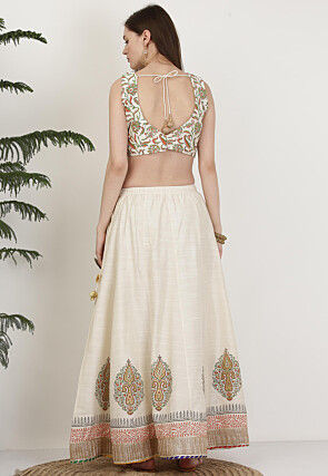 Hand Block Printed Art Silk Lehenga in Off White