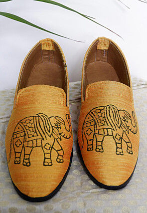 Hand Block Printed Art Silk Mojari in Mustard