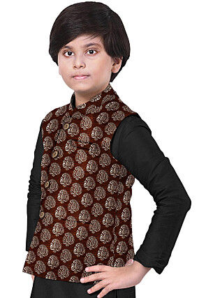 Hand Block Printed Art Silk Nehru Jacket in Brown