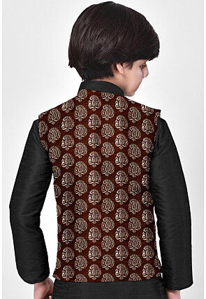 Hand Block Printed Art Silk Nehru Jacket in Brown