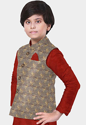 Hand Block Printed Art Silk Nehru Jacket in Dark Beige