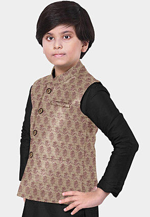 Hand Block Printed Art Silk Nehru Jacket in Light Beige