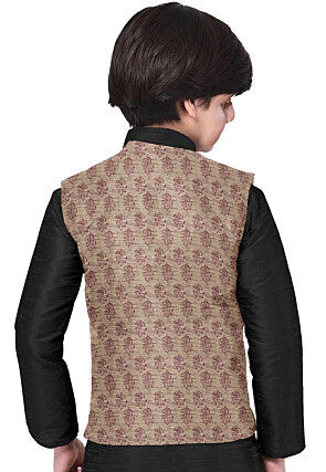 Hand Block Printed Art Silk Nehru Jacket in Light Beige