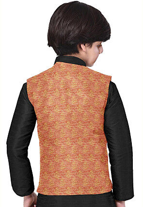 Hand Block Printed Art Silk Nehru Jacket in Peach