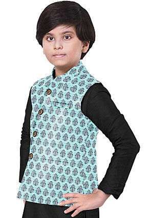 Hand Block Printed Art Silk Nehru Jacket in Sky Blue