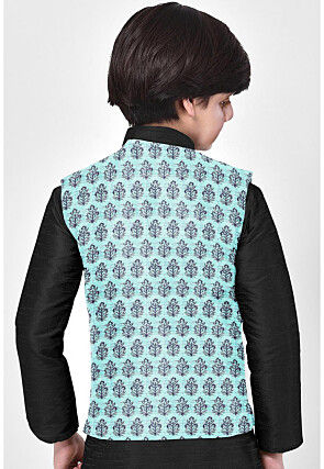Hand Block Printed Art Silk Nehru Jacket in Sky Blue