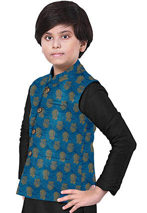 Hand Block Printed Art Silk Nehru Jacket in Teal Blue
