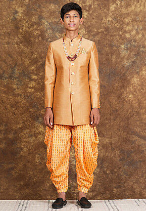 Hand Block Printed Art Silk Sherwani in Beige