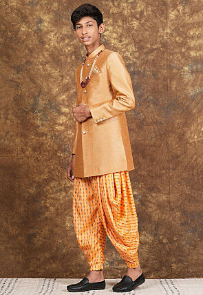 Hand Block Printed Art Silk Sherwani in Beige