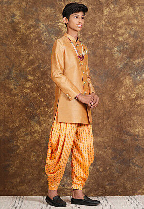 Hand Block Printed Art Silk Sherwani in Beige