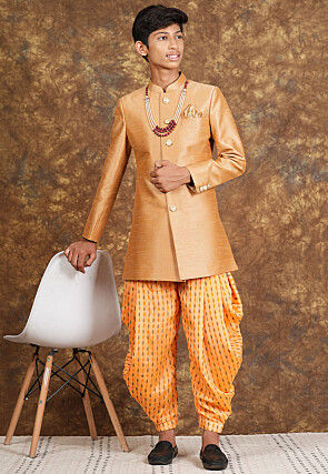 Hand Block Printed Art Silk Sherwani in Beige