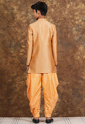 Hand Block Printed Art Silk Sherwani in Beige