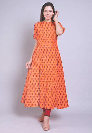 Hand Block Printed Chanderi Cotton Anarkali Kurta in Orange