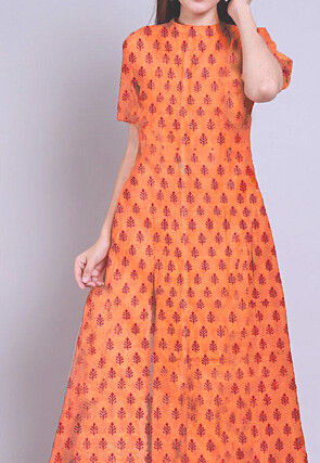 Hand Block Printed Chanderi Cotton Anarkali Kurta in Orange