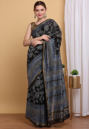 Hand Block Printed Chanderi Cotton Saree in Black