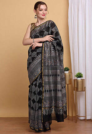 Hand Block Printed Chanderi Cotton Saree in Black