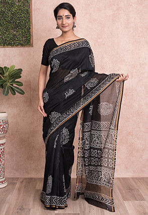 Hand Block Printed Chanderi Cotton Saree in Black