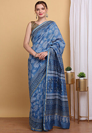 Hand Block Printed Chanderi Cotton Saree in Blue
