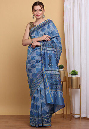 Hand Block Printed Chanderi Cotton Saree in Blue