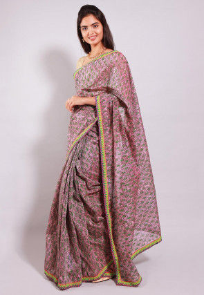 Hand Block Printed Chanderi Cotton Saree in Old Rose