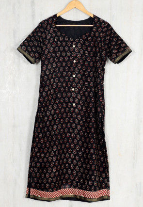 Hand Block Printed Chanderi Cotton Straight Kurta in Black