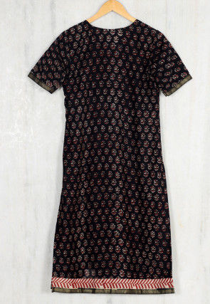 Hand Block Printed Chanderi Cotton Straight Kurta in Black