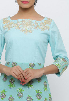 Hand Block Printed Cotton Abaya Style Suit in Green and Blue