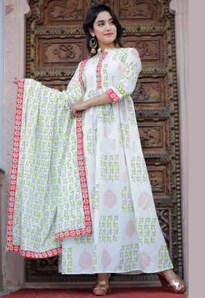 Hand Block Printed Cotton Abaya Style Suit in Off White