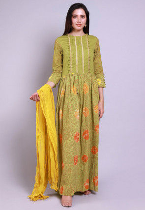 Hand Block Printed Cotton Abaya Style Suit in Olive Green
