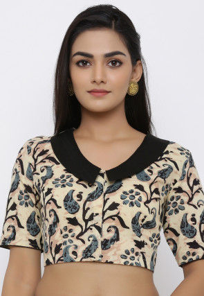 Hand Block Printed Cotton Blouse in Beige