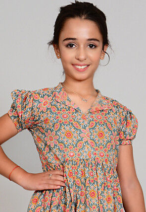 Hand Block Printed Cotton Hight Low Tunic Set in Grey