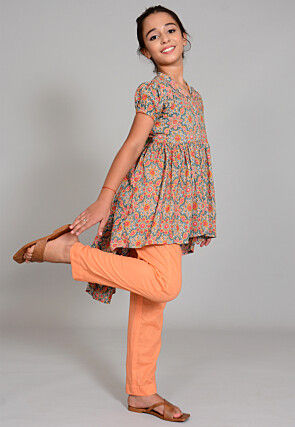 Hand Block Printed Cotton Hight Low Tunic Set in Grey