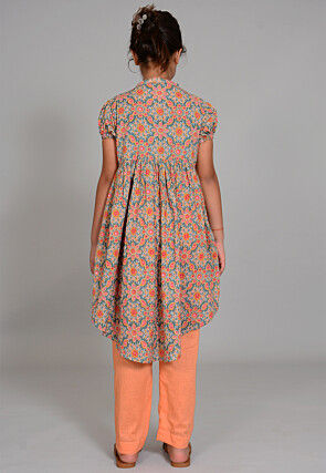Hand Block Printed Cotton Hight Low Tunic Set in Grey