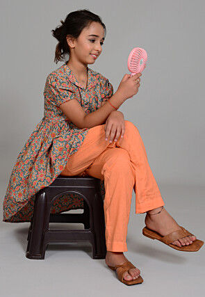 Hand Block Printed Cotton Hight Low Tunic Set in Grey