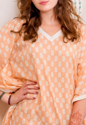 Hand Block Printed Cotton Kaftan in Peach