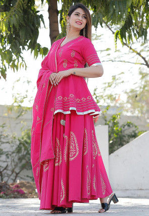 Hand Block Printed Cotton Lehenga in Pink