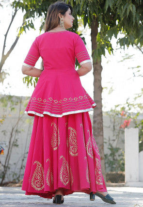 Hand Block Printed Cotton Lehenga in Pink