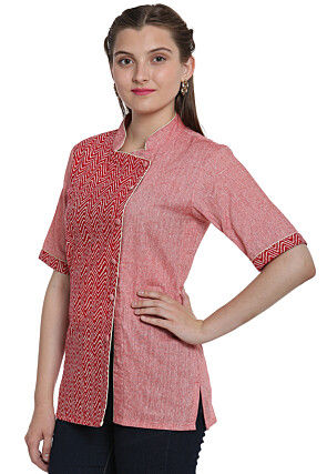 Hand Block Printed Cotton Linen Top in Red