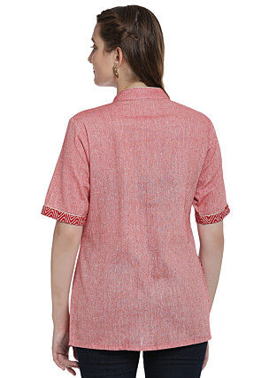 Hand Block Printed Cotton Linen Top in Red