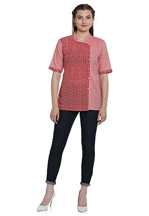 Hand Block Printed Cotton Linen Top in Red