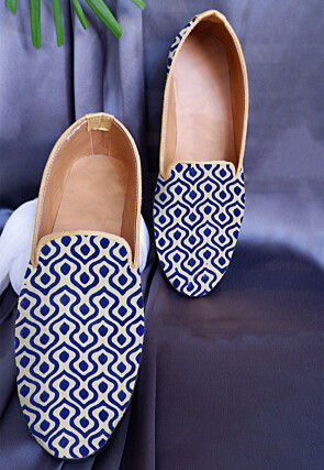 Hand Block Printed Cotton Loafer in White and Royal Blue