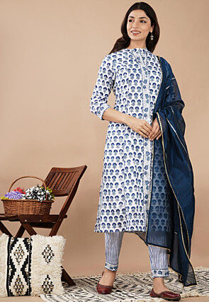 Hand Block Printed Cotton Pakistani Suit in Off White