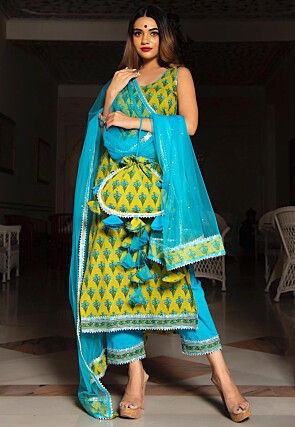 Hand Block Printed Cotton Pakistani Suit in Olive Green