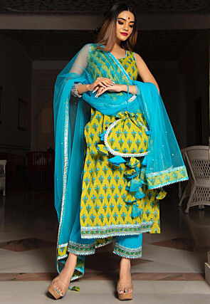 Hand Block Printed Cotton Pakistani Suit in Olive Green