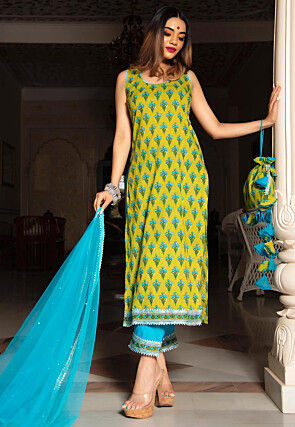 Hand Block Printed Cotton Pakistani Suit in Olive Green