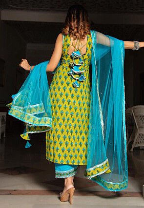 Hand Block Printed Cotton Pakistani Suit in Olive Green