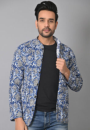 Hand Block Printed Cotton Reversible Warm Jacket in Blue