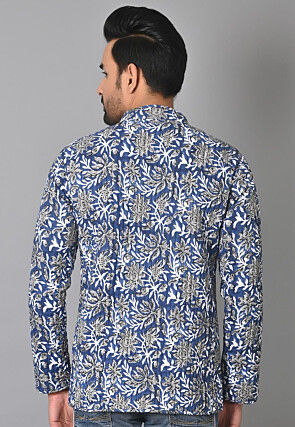 Hand Block Printed Cotton Reversible Warm Jacket in Blue