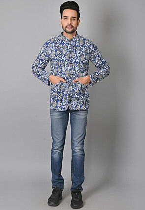 Hand Block Printed Cotton Reversible Warm Jacket in Blue
