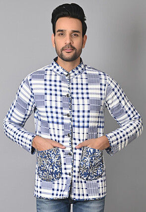 Hand Block Printed Cotton Reversible Warm Jacket in Blue